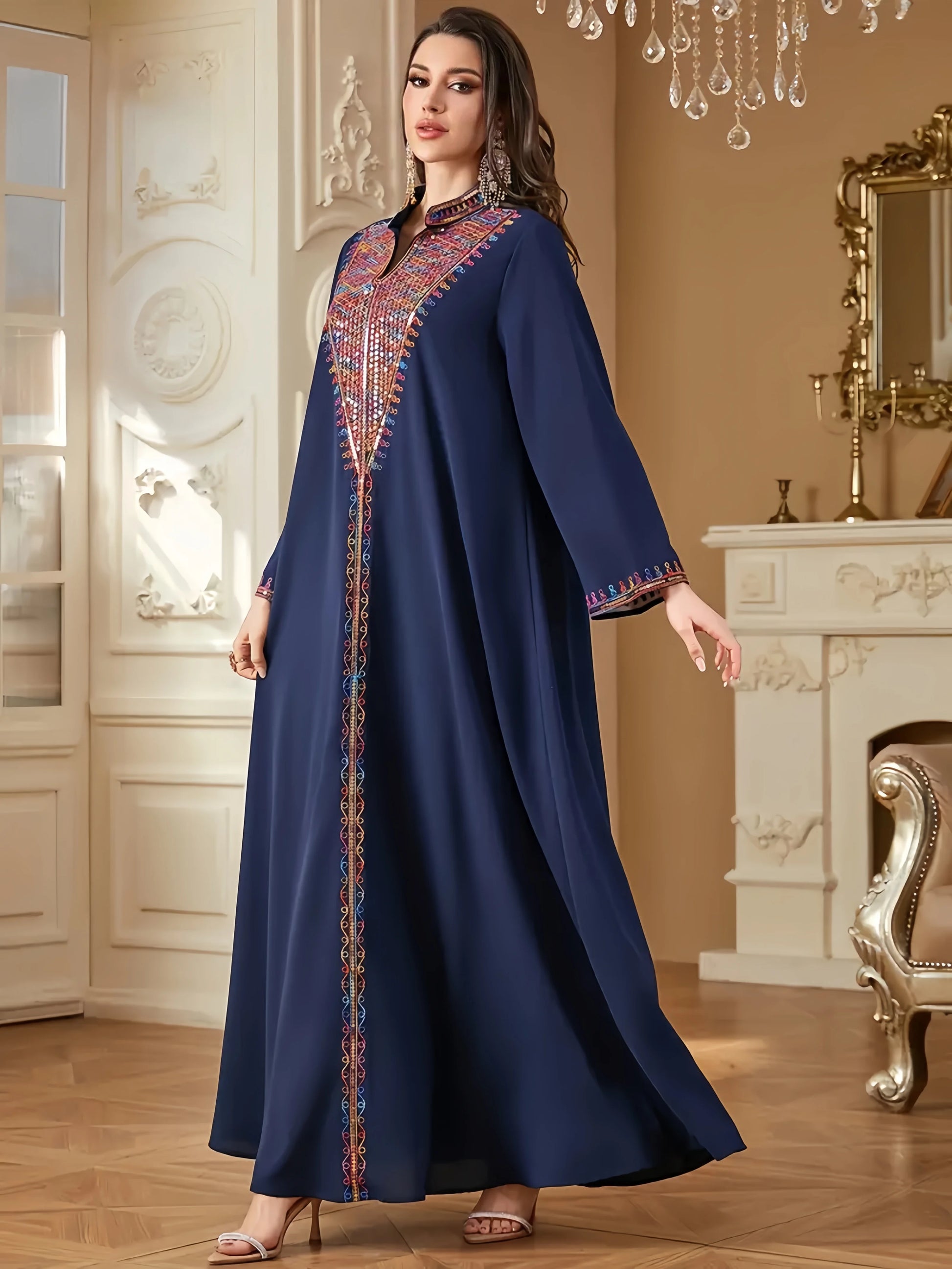 Trendy Muslim Abaya in Deep Blue Adorned with Intricate Multicolored Embroidery for Arabian Social Galas Modest Islam Fashion.