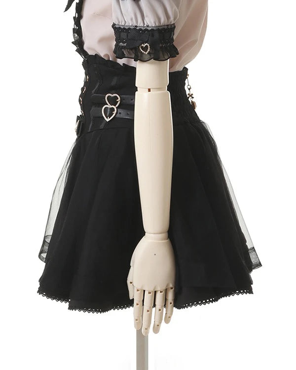 Japanese Liz New Summer Lace Edge Leather Ring High Waist Pleated Skirt Ribbon Bow All-match Short Skirts Big Bow Lolita Blouses.