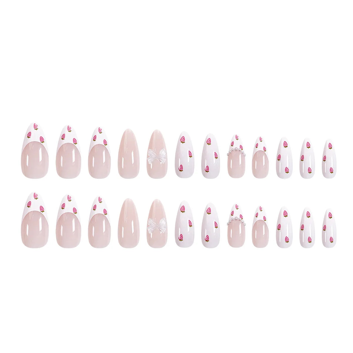 24Pcs Almond False Nails Cute Strawberries with French Design Simple White Wearable Fake Nails Decoration Press on Nail Tips Art.