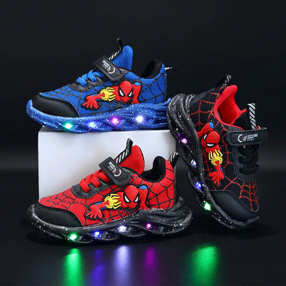 Disney LED Casual Sneakers Red Black For Spring Boys Mesh Outdoor Shoes Children Lighted Non-slip Shoes Size 21-30.