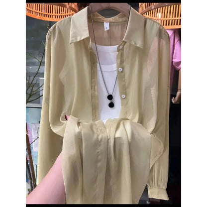 1pcs Woman Four Seasons Shirt Lady Thin Sunscreen Shirts Female Casual Long Sleeve Turn-down Collar Loose Med-Length Style Tops