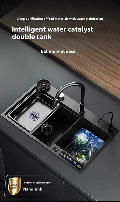 Stainless Steel Smart Water Catalyst Sinks large Double slot Purification Sterilized Fruit Dishwashing Kitchen Sink