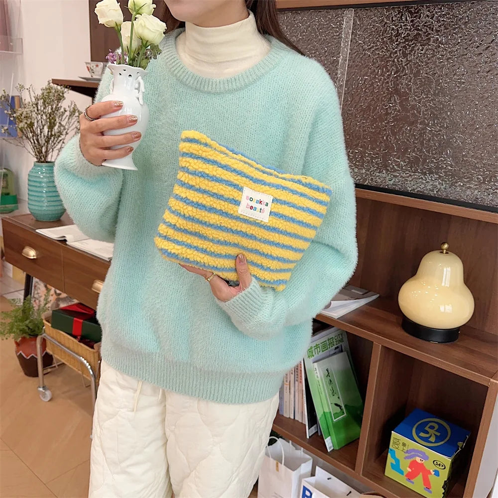 New Colorful Striped Dot Plush Clutch Cosmetic Bag Large Capacity Makeup Pouch Toiletries Bag Travel Outdoor Makeup Storage