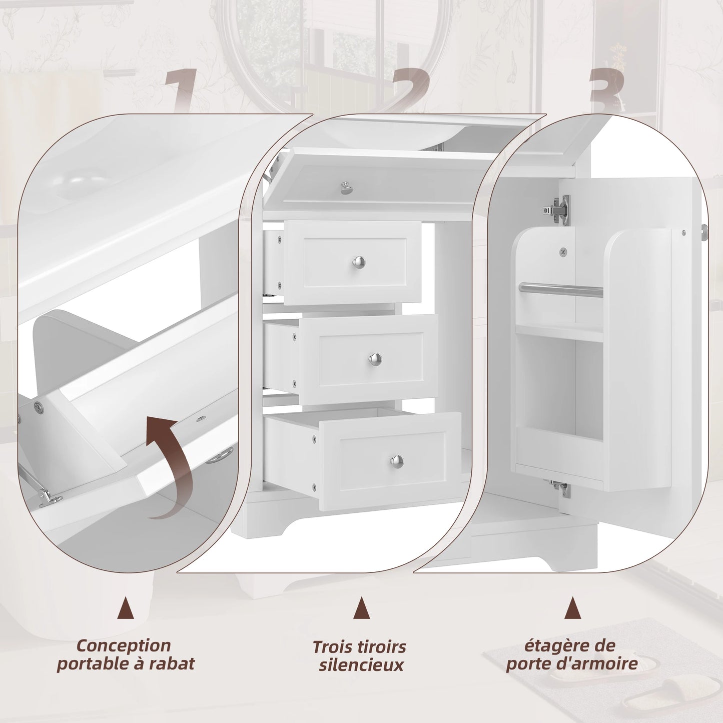 76 x 46 x 87 cm große Badezimmertheke, geräuscharme Schubladenführung, Klappschublade, Keramikwaschbecken, Keramikwaschmaschine, Weiß