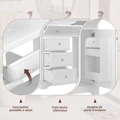 76 x 46 x 87 cm große Badezimmertheke, geräuscharme Schubladenführung, Klappschublade, Keramikwaschbecken, Keramikwaschmaschine, Weiß