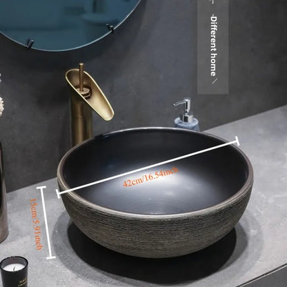 Jingdezhen Keramikgefäßwaschbecken – handgefertigtes rustikales Schwarz- und Sandkunstwaschbecken mit Spritzschutz-Design für den Badezimmer-Waschtisch individuell anpassbar