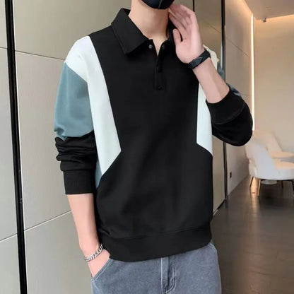 Contrast Patchwork Trend Loose Polo Neck Hoodies Sweatshirts Men's Spring Autumn Long Sleeve Casual Tops Fashion Korean Clothing.