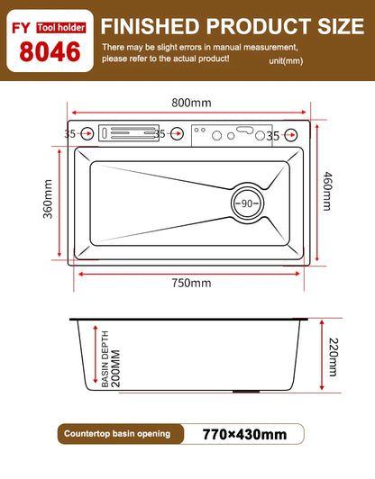 Edelstahl-Küchenspüle mit Wasserfall-Wasserhahn, integrierte Digitalanzeige, geprägtes Waschbecken für die Küche