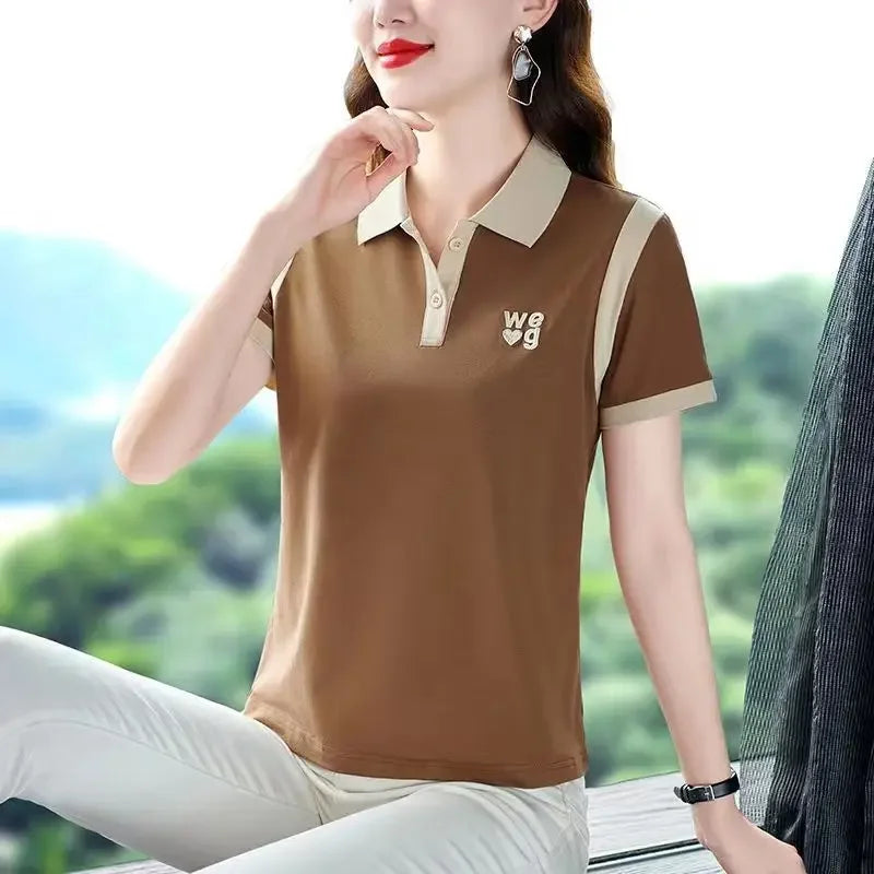 Fashionable Short Sleeve Polo Shirt Women's Summer Sporty Hong Kong Style Top High End Mixed Fabric Slim Fit T-Shirt.