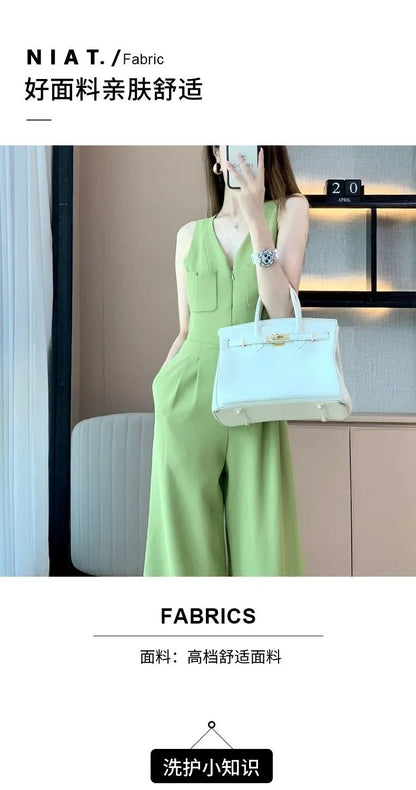 Women's Wide Leg Jumpsuit Pants 2025 Summer New Casual Straight Tube Sports Overalls V-neck Sleeveless Bodysuit For Women Romper.