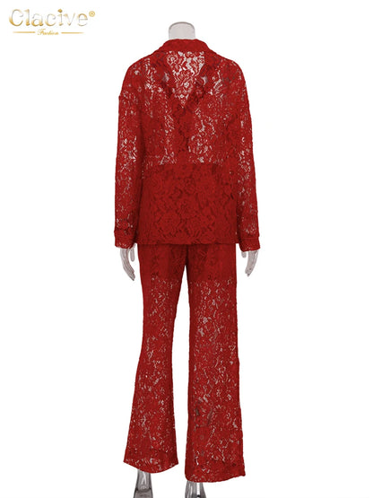 Clacive Sexy Loose Black Lace See Through Trousers Sets Women 2 Pieces Fashion Long Sleeve Shirt With High Waist Wide Pants Set.