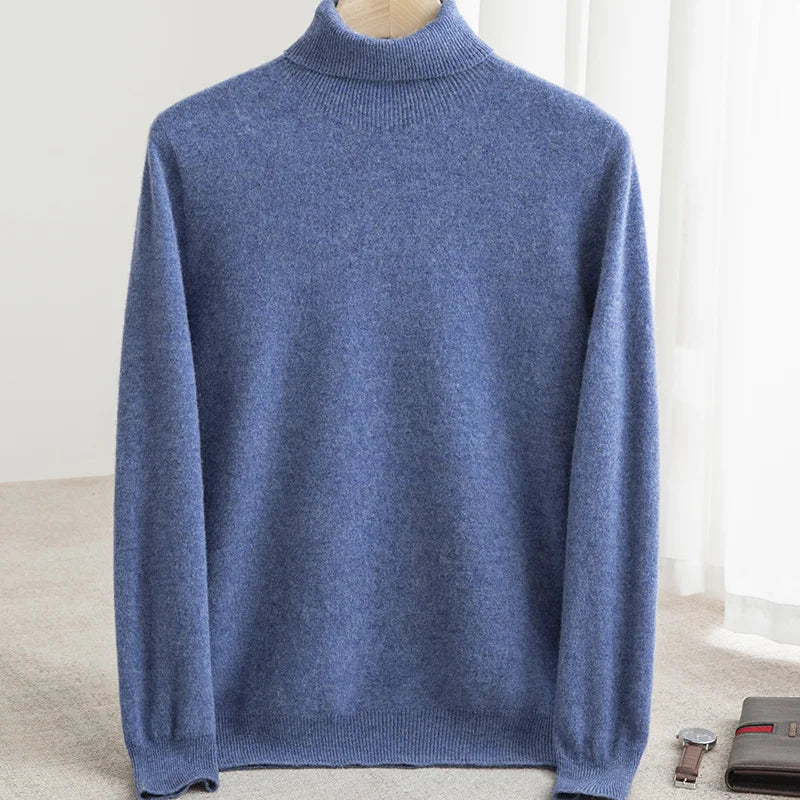 Men 100% Merino Wool Sweater Turtleneck Knitted Pullover Cashmere Warm Solid Color Clothes Business Bottoming Tops Autumn Winter.