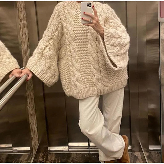 Damen lose dicke Linie Strick pullover o Hals Laterne Ärmel Strickwaren Herbst Winter solide passen alle Pullover Mode Pullover