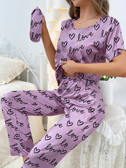 Neue Damen-Hauskleidung, kurzärmelige Hose, Pyjama, Liebesmuster, lässig und bequem.