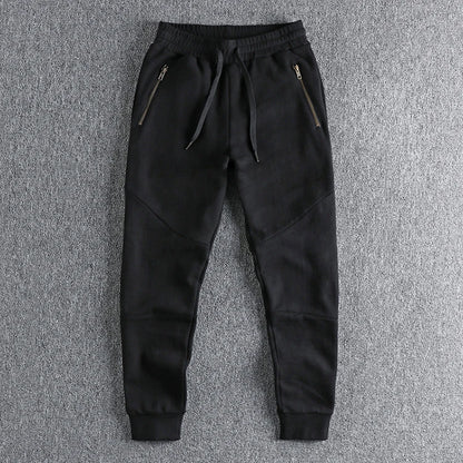 Autumn Winter American Retro Thick Sweatpants With Velvet Men's Pure Cotton Washed Heavyweight Knitted Sports Ankle-tied Pants.