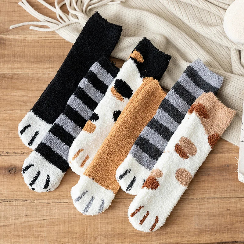 Women Winter Warm Fluffy Socks Cute Animal Claw Cat Paw Footprint Fuzzy Socks Female Thick Coral Fleece Home Floor Sleep Socks.