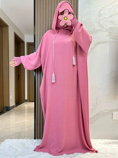 Muslim Abaya Solid Cotton Pullover Two Hat Women Eid Hooded Long Maxi Dress Turkey Kaftan Arab Robe Islamic Hijab Dubai Clothing.