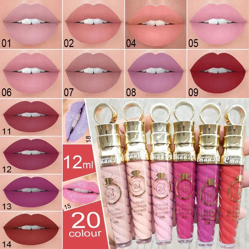 20 Colors Lipstick Waterproof Long Lasting Matte+Shimmer Mental Beauty Lip Gloss Nude Glitter Lip Gloss Beauty Sexy Lip Tint.