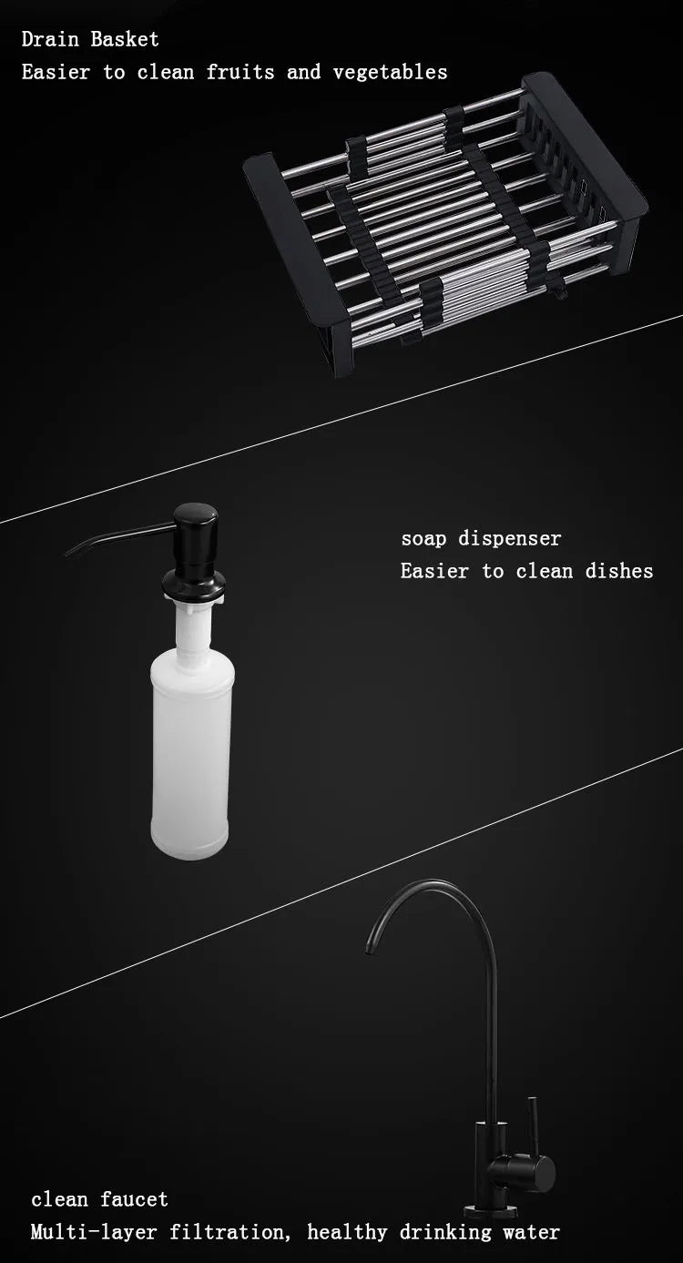 kitchen sink Black nano-sink single-slot household hand-washing basin kitchen large 304 stainless steel sink sink bowl