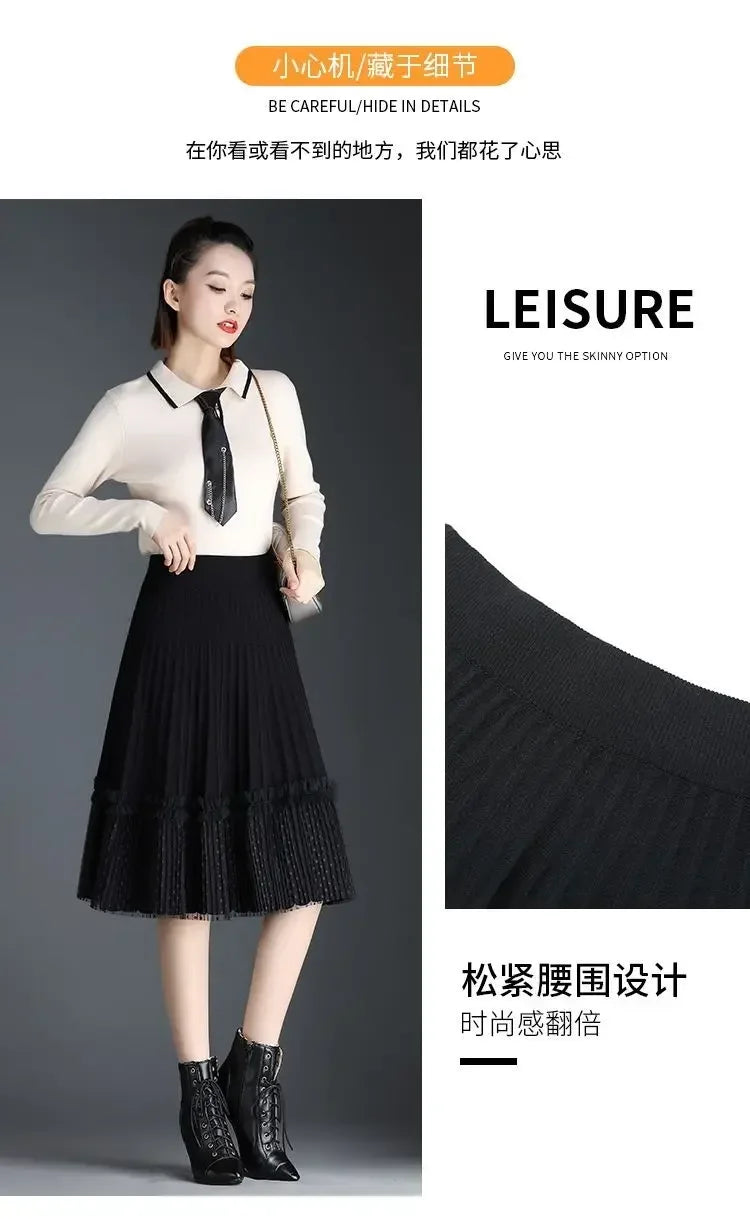 Korean Fashion Autumn Winter Women Solid Elastic High Waist Lace Patchwork Simplicity Mid-length A-line Pleated Knitted Skirt.