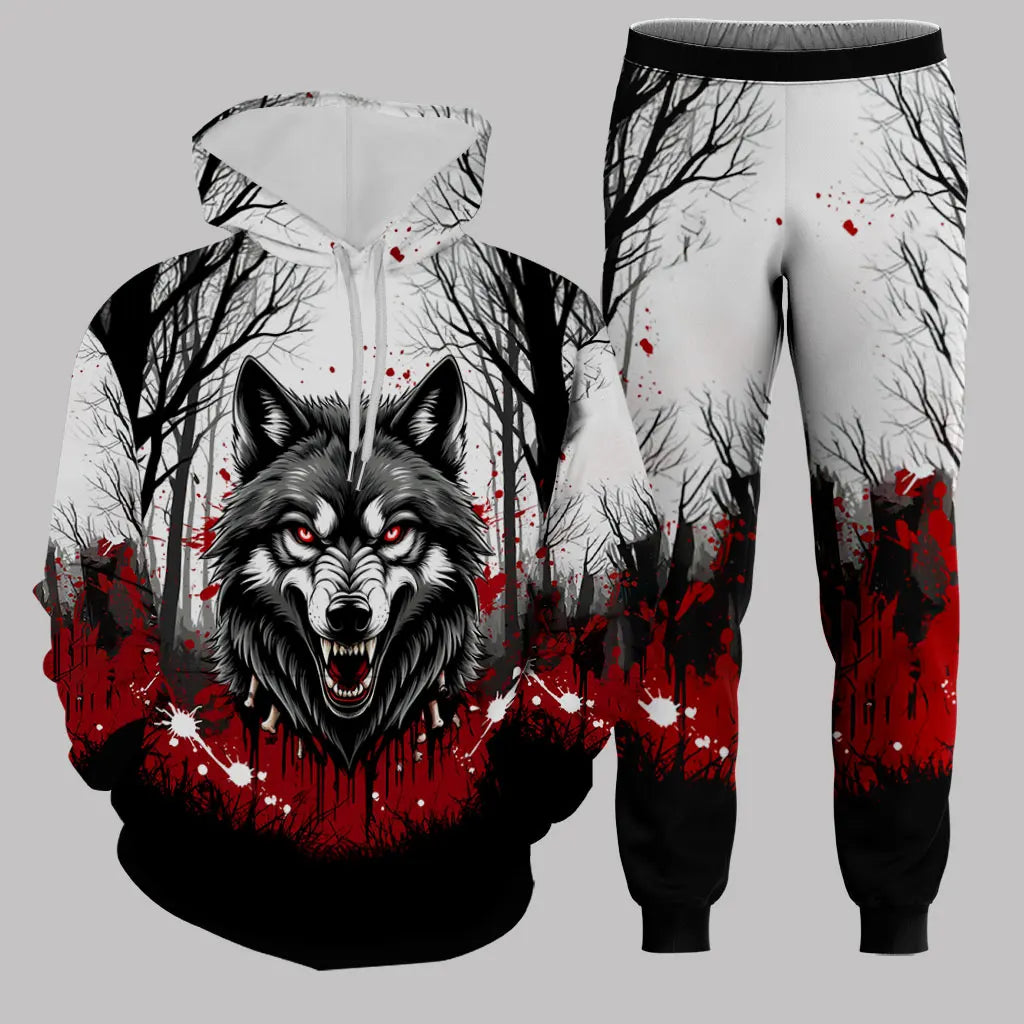 Men's Hoodie Set Funny 3D Wolf Print Hoodies Pants Sports Suit Autumn Winter Casual Sweatshirts 2 Piece Outfit Fashion Tracksuit.