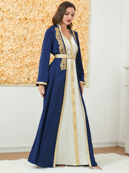 Maßgeschneiderte muslimische Sets, elegante muslimische Frauen, Sommer, langärmelig, V-Ausschnitt, Polyester, lila, 2-teiliges Kleid, Mantel, passende Sets, Muslim