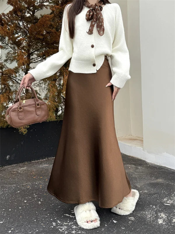 High Waist Women's Fleece-Lined Thickened Elegant Long Skirt Satin Mermaid Skirt Elegant Drapey Bodycon Skirt For Autumn Winter