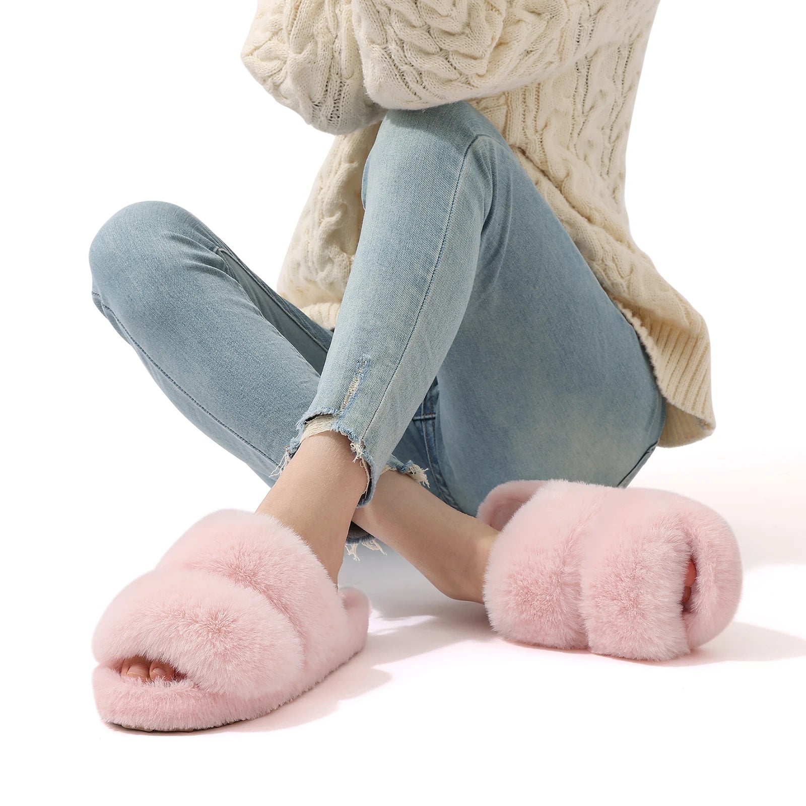 Evshine New Open Toe Fluffy Slippers Indoor Warm Fur Female Slides Fashion Plush Women House Shoes Women Winter Fuzzy Slippers.