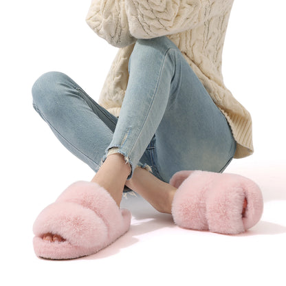 Evshine New Open Toe Fluffy Slippers Indoor Warm Fur Female Slides Fashion Plush Women House Shoes Women Winter Fuzzy Slippers.