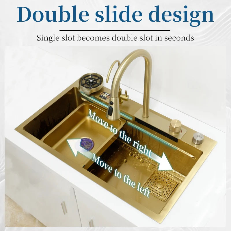 YCRAYS Golden Nano Multifunctional Kitchen Sink 4 Mode Waterfall Faucet Large Single Bowl Soap Dispenser Pure Tap Cup Washer