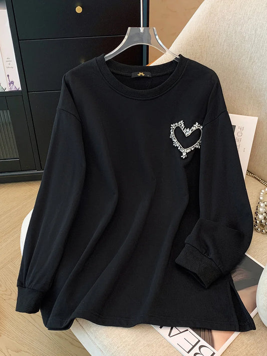 150 kg Übergröße Damen Büste 155 Frühling Herbst Lose Sweatshirt mit hellem Diamantherz Schwarz 5XL 6XL 7XL 8XL 9XL