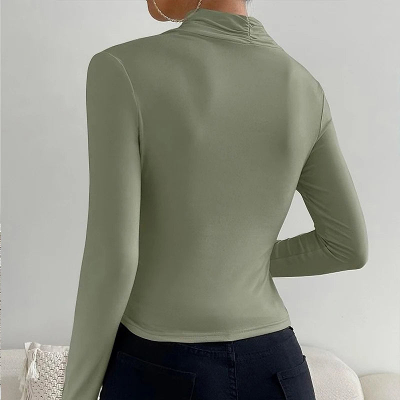 Sexy Elegant Fall Winter Long Sleeve Cross Pleated Pullover Women's Modal Solid Color Irregular Tops Street Daily Versatile Tees.