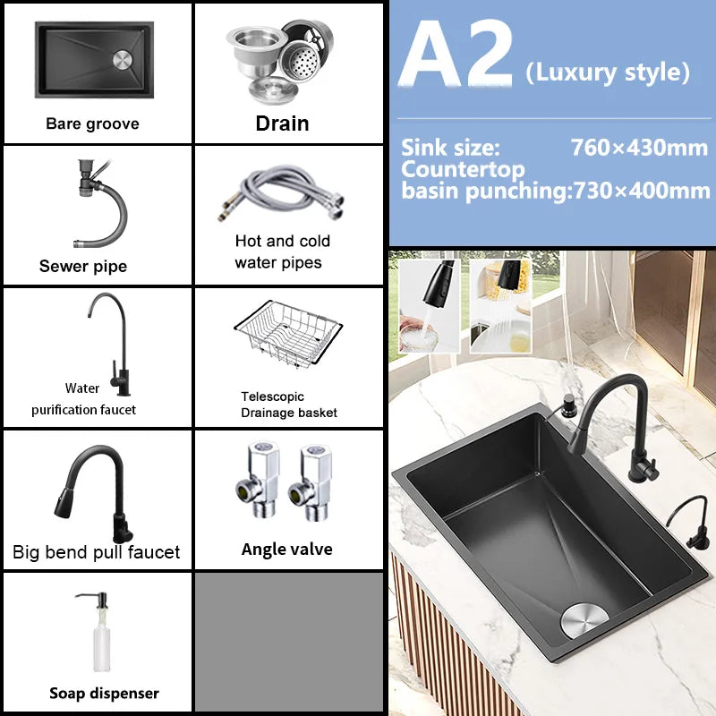 Black Stainless Steel Kitchen Sink Waterfall Sink dishwashing Basin Large Single Sink Household Sink Under The Counter Sink