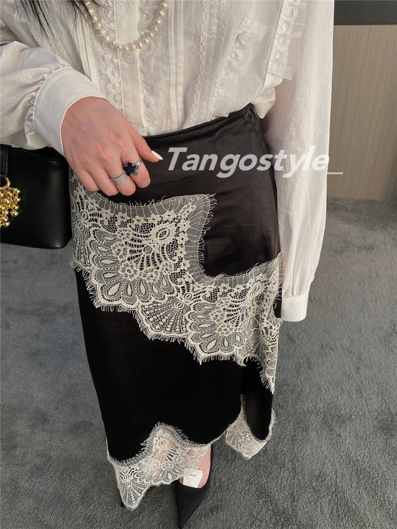 High-End Retro Satin Lace Stitching Skirt Women's 2024 Summer High Waist Slimming Court Style Temperament Mid-Length Skirt.