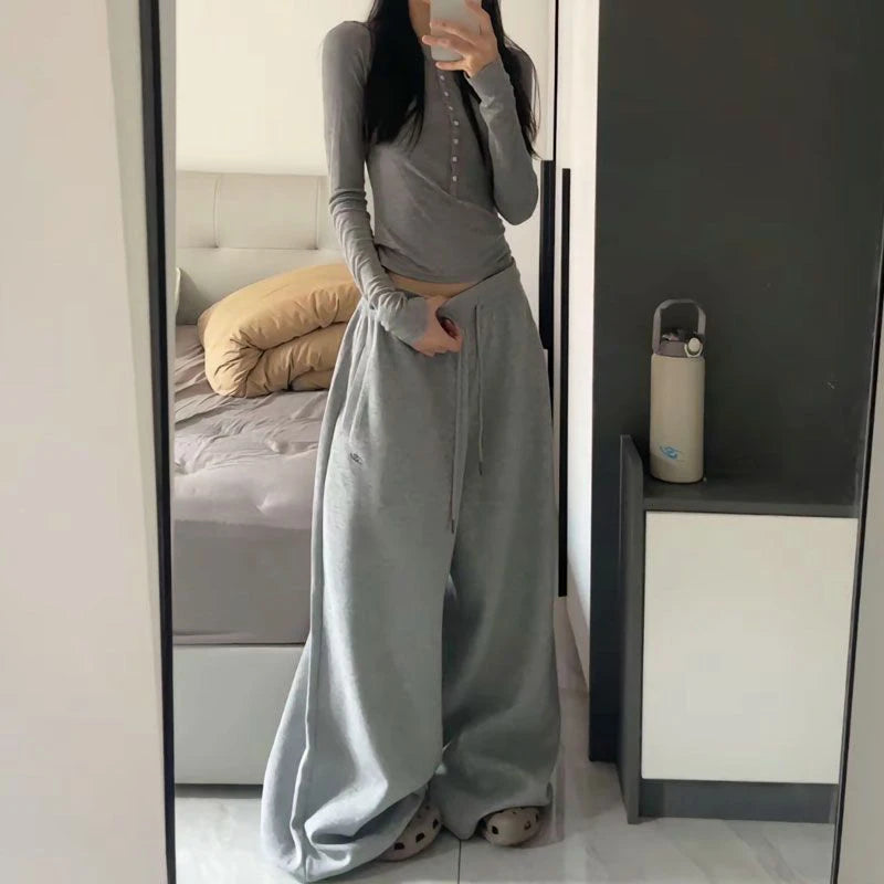 Oversize Cotton Pants Woman Y2K Casual Drawstring Trousers Korean Streetwear High Waist All Match Jogger Pants Grey Sweatpants