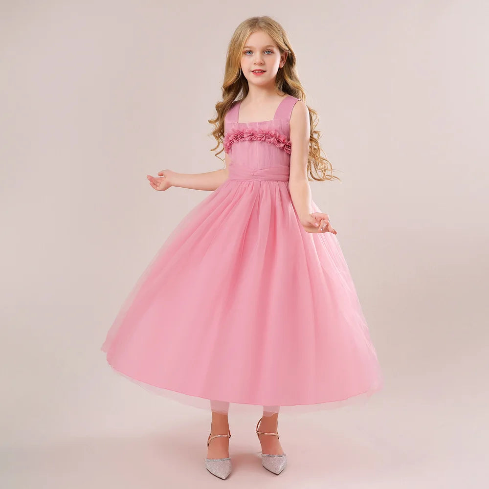 Mädchen Partykleider Weiß Langes Hochzeit Brautjungfer Prinzessin Kleid Abend Tüllkleid Abschlussball Klavier Performance Kleid.