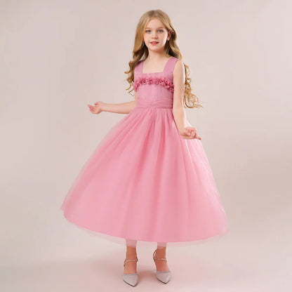 Mädchen Partykleider Weiß Langes Hochzeit Brautjungfer Prinzessin Kleid Abend Tüllkleid Abschlussball Klavier Performance Kleid.