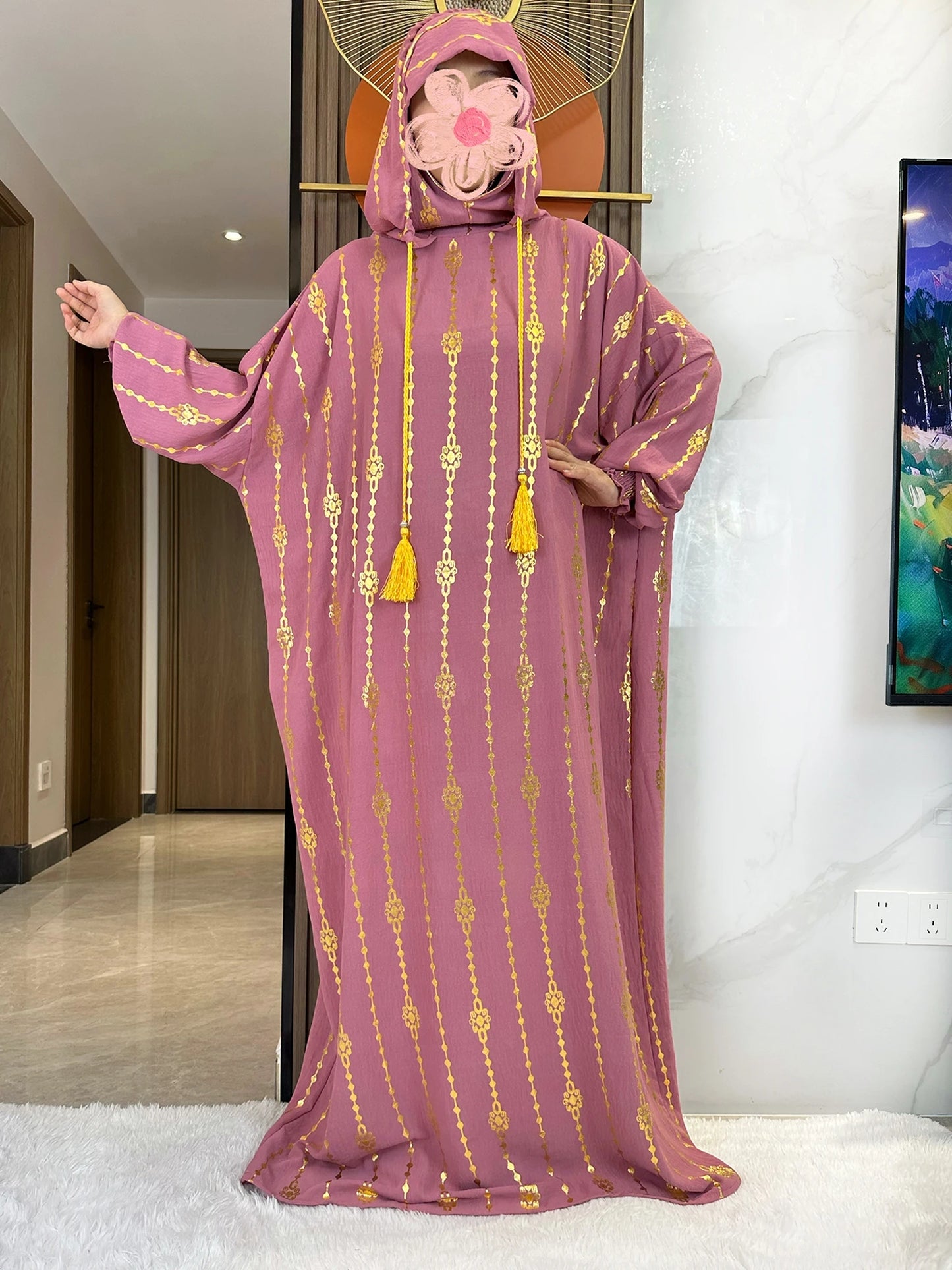 New Cotton Ramadan Muslim Two-Hat Abaya Dubai Turkey Islam Prayer Clothes Gold Dust   Dress Islam Women Dress Kaftan.