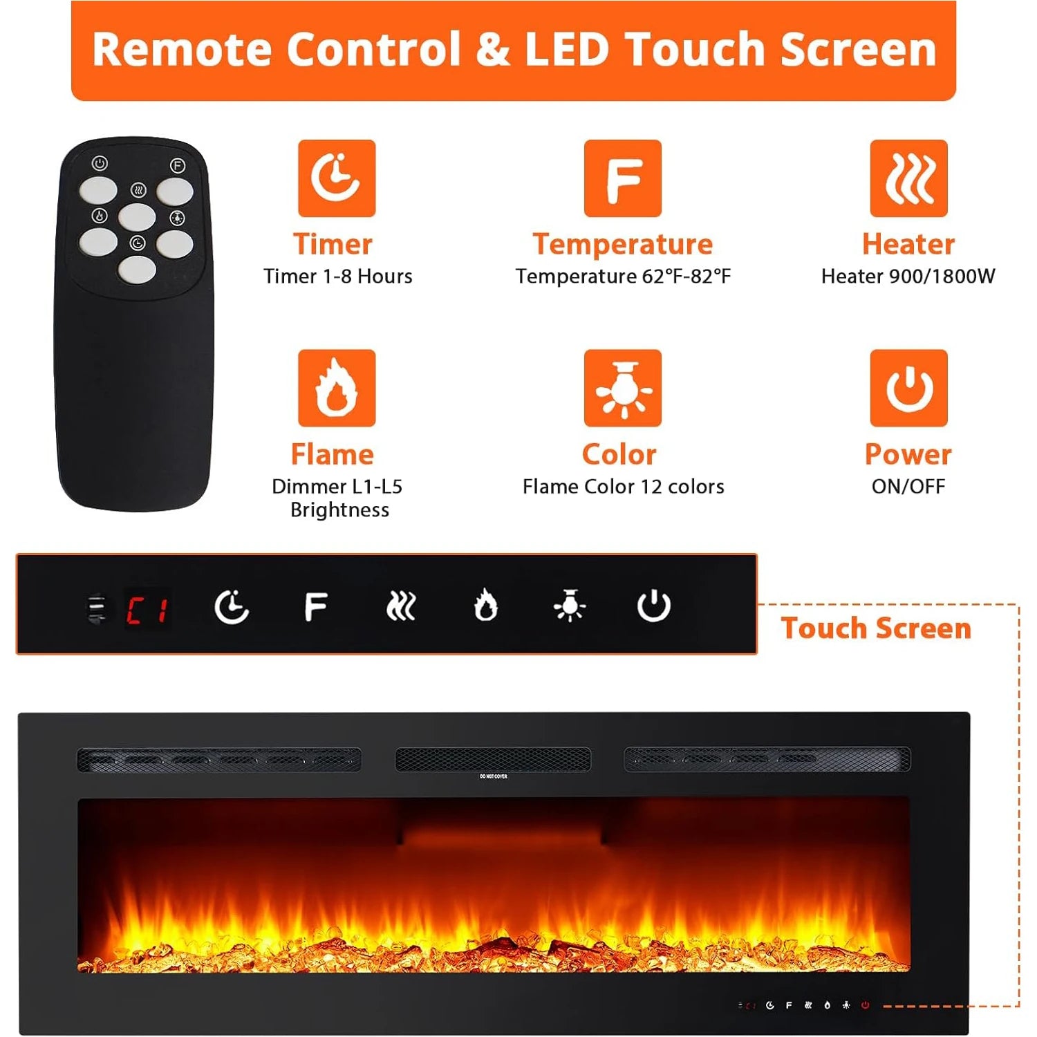 40/50/60inch Wall-Mounted Electric Fireplace, 220V 1500W, Two Levels Of Heating, 3D 12LED Color Modes and Realistic Flame Effect.