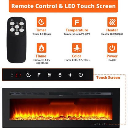 40/50/60inch Wall-Mounted Electric Fireplace, 220V 1500W, Two Levels Of Heating, 3D 12LED Color Modes and Realistic Flame Effect.