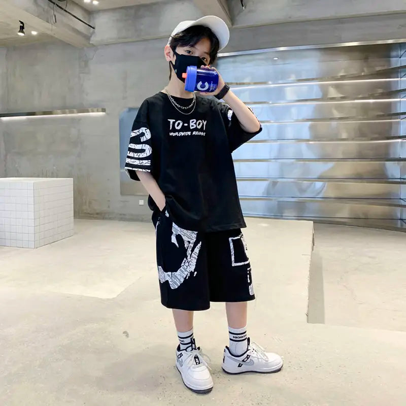 Boys Summer Trendy Casual Sports 2pcs T-shirts+Pants Suits 3-14 Years Teenage Boys Hip Hop Style Fashion Outfits Clothes Sets.