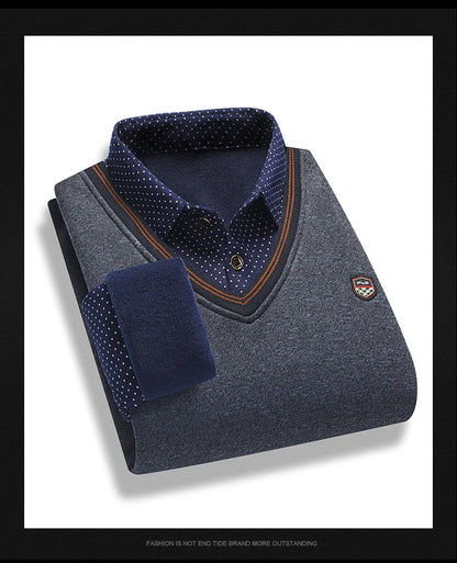 Men's Fleece Lining Sweater Autumn Winter Pullover Polo Shirt Collar Fake Two Piece Thick Warm Top Clothes Casual Knitwear.