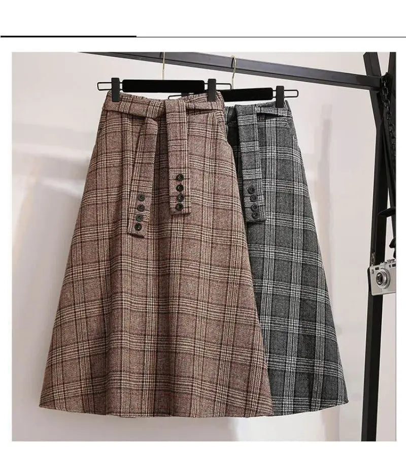 Khaki Plaid Vintage A-line High Waist Lace Up Buttons Loose Women's Skirt Mid-Calf Long Skirts For Women Clothing Fashion 2024.