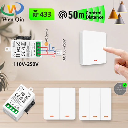 433 MHz intelligenter Lichtschalter AC 110 V 220 V Empfänger und 1/2/3 Gang 86 kabelloser Drucktastenschalter, Übertragung 50 m für Heimwerker.