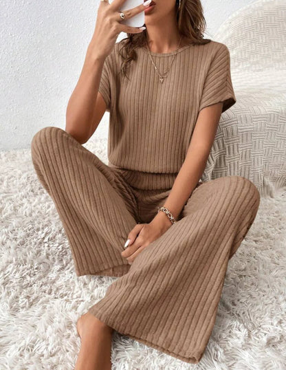 Two Piece Pant Sets Women Straight Pants Tops Pullover Short Sleeve Round Neck Spliced Top Solid Casual Streetwear Summer