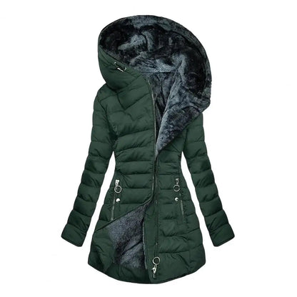Verdickte Damen-Winterjacke, gepolstertes Plüschfutter, gepolsterter Reißverschluss, mittellange Kapuzenoberbekleidung, warmer Daunenmantel.