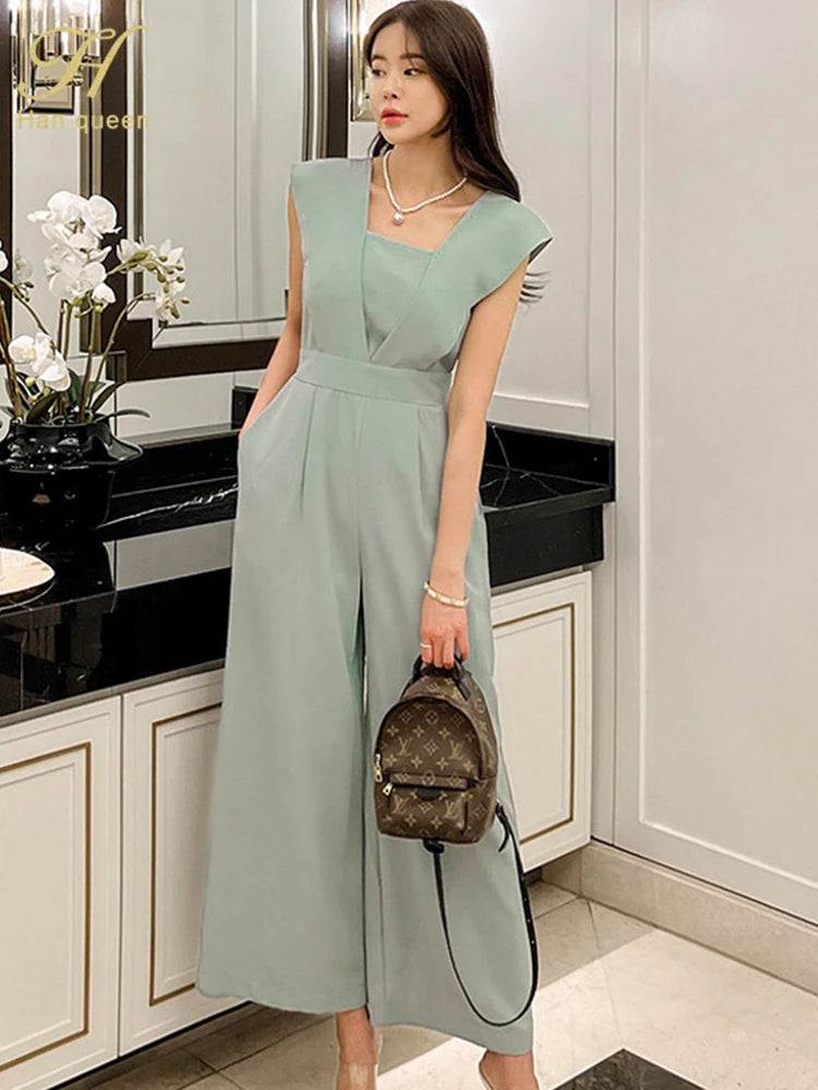 H Han Queen Summer Elegant Business Jumpsuits Women Simple Wide Leg Long Playsuits Korean Sleeveless Casual Rompers Office Lady.