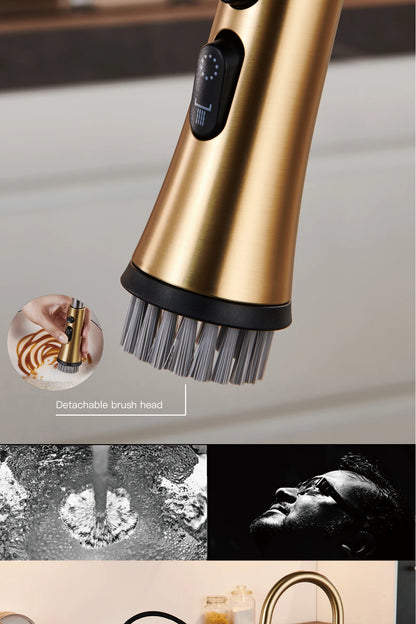 Luxury brushed gold kitchen faucet with pull-out design, 1-hole single handle cold and hot dual control dual function sink Tap