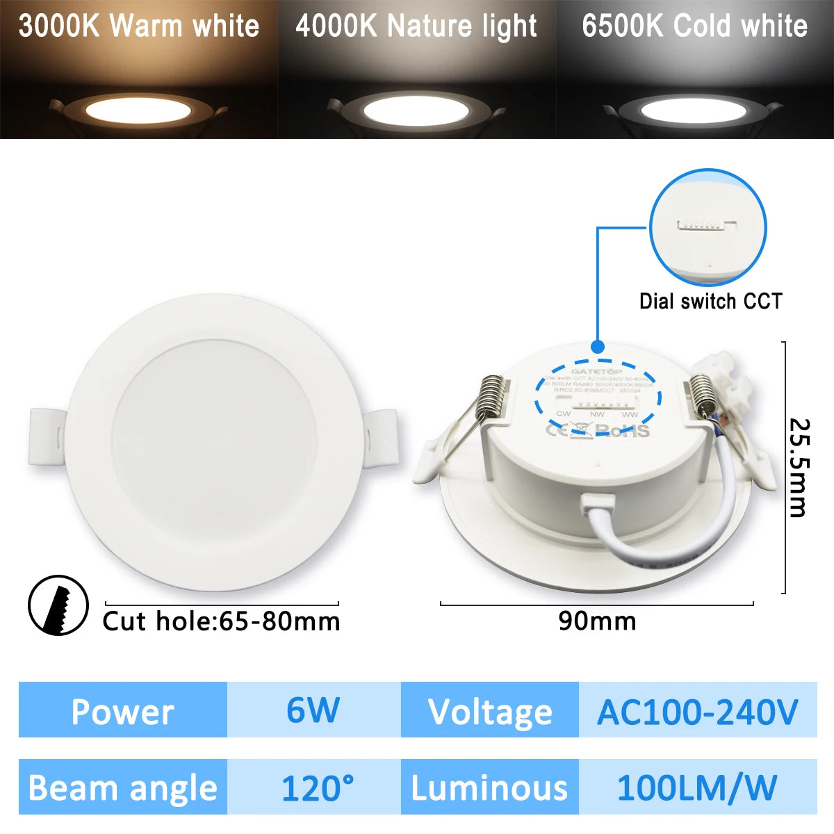 10 stücke CCT Spot Downlight Einbau LED Decke Licht 3 Farbe Eingestellt AC100-240V Zifferblatt Schalter 3000 K/4000 K/6500 K Innen Beleuchtung