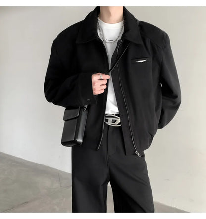 Short Jacket Men's Autumn Winter Handsome American Shoulder Pad Coat High-end Lapel Baseball Uniform.